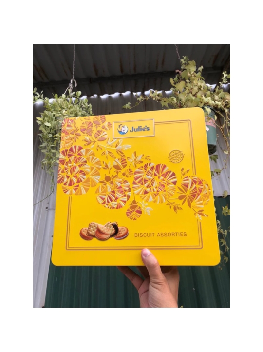 Bánh quy Julie's Assorted Biscuits 360g HT vuông lớn Hộp thiếc hình hoa gói quà Tết 2025 siêu đẹp