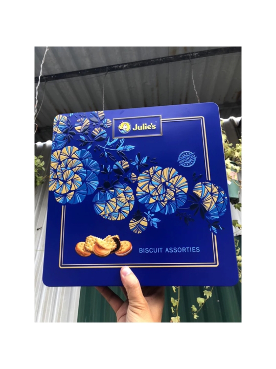 Bánh quy Julie's Assorted Biscuits 360g HT vuông lớn Hộp thiếc hình hoa gói quà Tết 2025 siêu đẹp