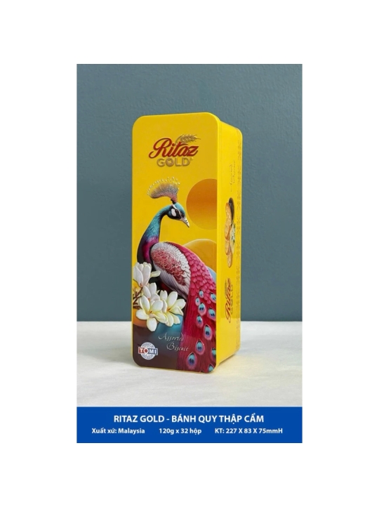 Bánh Quy Ritaz Gold Hộp Thiếc Chữ Nhật 120g gói quà Tết 2025 siêu đẹp