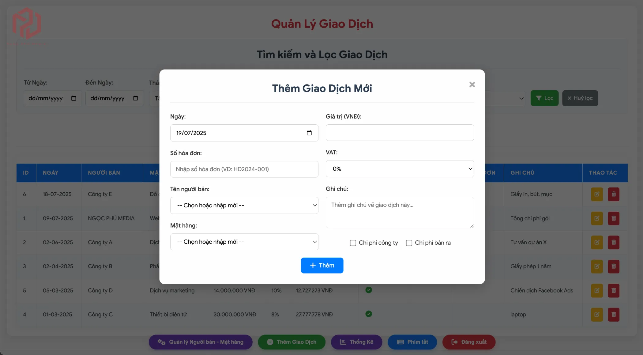 Web App quản lý chi phí đầu ra doanh nghiệp Ngọc Phú Media