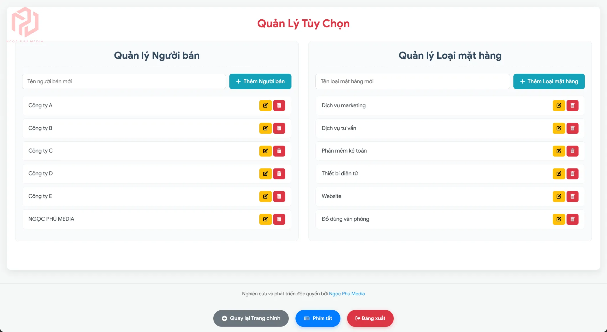 Web App quản lý chi phí đầu ra doanh nghiệp Ngọc Phú Media